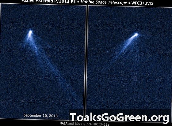 NASA Habls redz asteroīda snīpi sešām komētām līdzīgām astēm